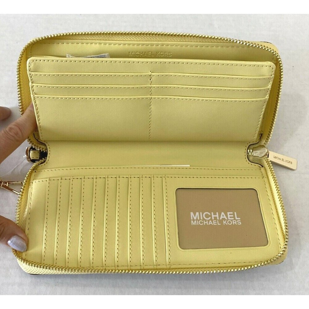 New Michael Kors Jet Set Large Travel Continental Wallet Brown / Buttercup - Picture 2 of 5
